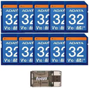 ADATA Premier 32GB SDHC UHS-I U1 Waterproof Shockproof Anti-Static Memory Card for Digital Cameras (10-Pack) Bundle with Focus All-In-One High Speed Card Reader (11 Items)