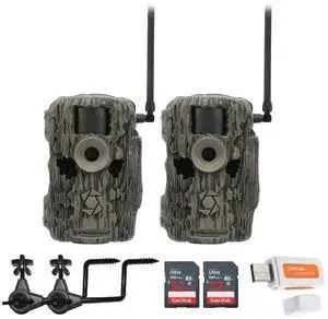 Stealth Cam 36MP Fusion Max Cellular Trail Camera with 80 Feet Detection Range (2-Pack) Bundle with Camera Holder (2-Pack), 32GB Memory Card (2-Pack), and Hi-Speed SD USB 2.0 Card Reader (7 Items)