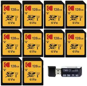 Kodak 128GB SDXC Premium Performance Class 10 UHS-I U1 V10 Full HD Memory Card (10-Pack) Bundle with 4-In-1 USB 2.0 Card Reader (Black) (11 Items)