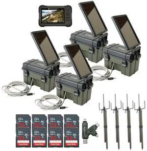 HME Trail Camera 12V with Solar Auxiliary Power Pack (4-Pack) Bundle with SD Card Reader and Viewer (4-Pack), Trail Camera Mount Stick (4-Pack), 32GB Memory Card (8-Pack), and Card Reader (21 Items)