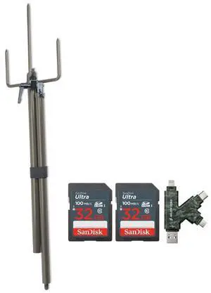 Stealth Cam Trail Camera Mount Stick Bundle with 32GB Ultra SDHC UHS-I Memory Card (2-Pack) and Hi-Speed SD USB 2.0 Card Reader (4 Items)