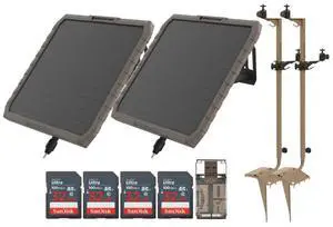 Stealth Cam Adjustable Multi-Pivot Mounting Post for Trail Camera (2-Pack) Bundle with FieldMax External 3000 mAh Solar Battery (2-Pack), 32GB Memory Card (4-Pack), and SD Card Reader (9 Items)