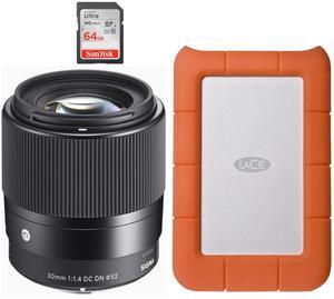 Sigma 30mm F1.4 DC DN Contemporary Lens for Nikon Z Mount Mirrorless Camera with LH586-01 Lens Hood (Black) Bundle with 1TB USB 3.0 External Portable Hard Drive, and 64 GB SDXC Memory Card (3 Items)