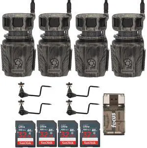 Stealth Cam Revolver 36MP 360 Degree Cellular Trail Camera (4-Pack) Bundle with Economy Trail Camera Holder (4-Pack), 32GB Ultra SDHC Memory Card (4-Pack), and SD USB 2.0 Card Reader (13 Items)