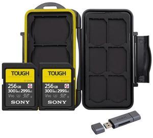 Sony 256 GB TOUGH G Series UHS-II SDXC Memory Card (2-Pack) Bundle with 2-In-1 OTG Dual Slot SD Card Reader and Memory Storage Carrying Case (3 Items)