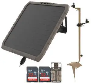 Stealth Cam Adjustable Multi-Pivot Mounting Post for Trail Camera Bundle with Stealth Cam FieldMax External 3000 mAh Solar Battery, 32GB Memory Card (2-Pack), and SD Card Reader (5 Items)