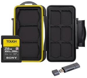 Sony 256 GB TOUGH G Series UHS-II SDXC Memory Card Bundle with 2-In-1 OTG Dual Slot SD Card Reader and Memory Storage Carrying Case (2 Items)