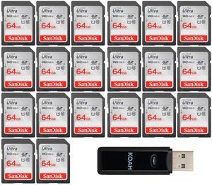 SanDisk 64GB Ultra Class 10 140 MB/s UHS-I SDXC Memory Card (20-pack) Nundle with 2-in-1 USB 3.0 Memory Card Reader (21 Items)