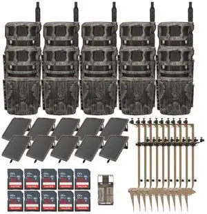 Stealth Cam Revolver 36MP 360-Degree Cellular Trail Camera (10-Pack) Bundle with Solar Battery Pack (10-Pack), Mounting Post (10-Pack), 32GB Memory Card (10-Pack), and SD Card Reader (41 Items)