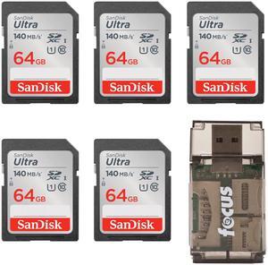 SanDisk 64GB Ultra Class 10 140 MB/s UHS-I SDXC Memory Card (5-pack) Bundle with All-In-One High Speed Card Reader (6 Items)