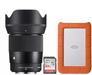 Sigma 23mm F1.4 DC DN Lens for Fujifilm X-Mount - Wide Angle Prime Lens with Bright Aperture - Superior Low-Light Performance Bundle with 1 TB External Hard Drive and 64 Memory Card (3 Items)