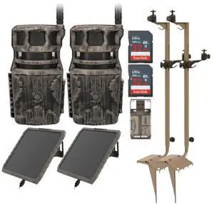 Stealth Cam Revolver 40MP Pro 360 Degree Cellular Trail Camera (2-Pack) Bundle with Mounting Post (2-Pack), FieldMAX Solar Battery (2-Pack), 32GB Memory Card (2-Pack) and Card Reader (9 Items)