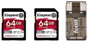 Kingston Canvas React Plus 64GB U3 V90 SD Card (2-Pack) Bundle with Focus All-In-One High Speed Card Reader (3 Items)