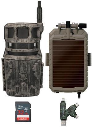 Stealth Cam Revolver 40MP Pro 360 Degree Cellular Trail Camera Bundle with Lithium Solar Power Panel, 32GB Ultra SDHC UHS-I Memory Card, and Hi-Speed SD USB 2.0 Card Reader (4 Items)