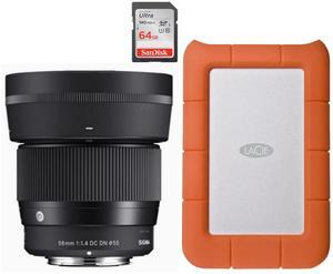 Sigma 56mm F1.4 DC DN Contemporary Lens for Nikon Z Mount Mirrorless Camera with LH582-01 Lens Hood Bundle with 1TB USB 3.0 External Portable Hard Drive, and 64 GB SDXC Memory Card (3 Items)