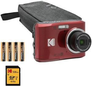 Kodak PIXPRO FZ45 Friendly Zoom Digital Camera (Red) Bundle with Folding Storage Travel Case, 128GB SD Class 10 UHS-I U1 V10 Full HD Memory Card, and Procell AA (4-Pack) (4 Items)