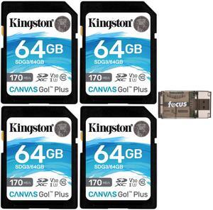 Kingston 64GB SDXC Canvas Go Plus 170MB/s Read Memory Card (SDG3/64GB, 4-Pack) Bundle with High Speed USB Card Reader (5 Items)