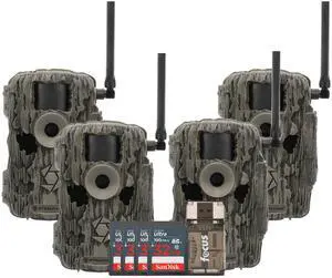 Stealth Cam 36MP Fusion Max Cellular Trail Camera with 80 Feet Detection Range 4-Pack with Four 32GB Memory Cards and Card Reader (9 Items)