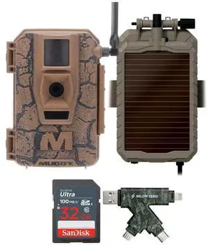 Muddy Mitigator Cellular 24MP Imaging Trail Camera with 80 Feet Detection and Flash Range Bundle with Solar Power Panel, 32GB Memory Card, and USB 2.0 Card Reader (4 Items)