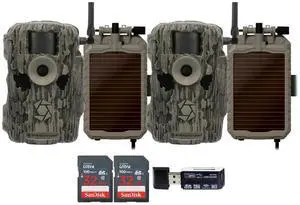 Stealth Cam 36MP Fusion Max Cellular Trail Camera with 80-Feet Detection Range (2-Pack) Bundle with Lithium Solar Power Panel (2-Pack), 32GB Memory Card (2-Pack, and High Speed Card Reader (7 Items)