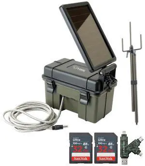 HME Trail Camera 12V with Solar Auxiliary Power Pack Bundle with Trail Camera Mount Stick, 32GB Ultra SDHC UHS-I Memory Card (2-Pack), and SD Card Reader (5 Items)