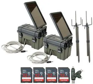 HME Trail Camera 12V with Solar Auxiliary Power Pack (2-Pack) Bundle with Trail Camera Mount Stick (2-Pack), 32GB Ultra SDHC UHS-I Memory Card (4-Pack), and SD USB 2.0 Card Reader (9 Items)