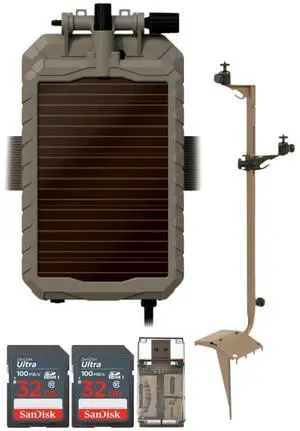 Stealth Cam Adjustable Multi-Pivot Mounting Post for Trail Camera and Battery Bundle with Stealth Cam Lithium Solar Power Panel, 32GB Memory Card (2-Pack), and SD Card Reader USB 2.0 (5 Items)