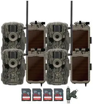 Stealth Cam 36MP Fusion Max Cellular Trail Camera (4-Pack) Bundle with 4x Lithium Solar Power Panel, 4x 32GB Memory Card, and Card Reader (13 Items)