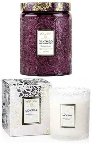 Voluspa Santiago Huckleberry Large Embossed Glass Jar Candle (18oz) and Mokara Scalloped Edge Boxed Glass Candle (6.2oz) Bundle (2 Items)