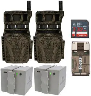 Wildgame Innovations Orbit 360-Degree 36MP Trail Camera (2-Pack) Bundle with 2 x 5400mAh Cartridge Rechargeable Battery, 2 x 32GB Memory Card, and Card Reader (7 Items)