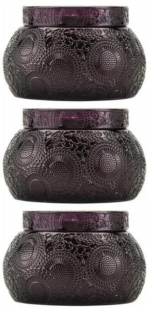Voluspa Santiago Huckleberry Embossed Glass Chawan Bowl Candle (14oz, 3-Pack) Bundle (3 Items)