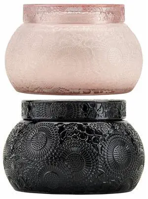 Voluspa Embossed Glass Chawan Bowl Candles (Panjore Lychee and Moso Bamboo, 14oz) Bundle (2 Items)