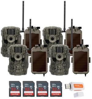 Stealth Cam 36MP Fusion Max Cellular Trail Camera with 80 Feet Detection Range (4-Pack) Bundle with Battery Pack, Solar Panel, and Cable (4-Pack), 32GB Memory Card (4-Pack), and Card Reader (13 Items)