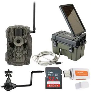 Stealth Cam 36MP Fusion Max Cellular Trail Camera with 80 Feet Detection Range Bundle with Solar Power Pack, Camera Holder, 32GB Memory Card, and USB 2.0 Card Reader (5 Items)