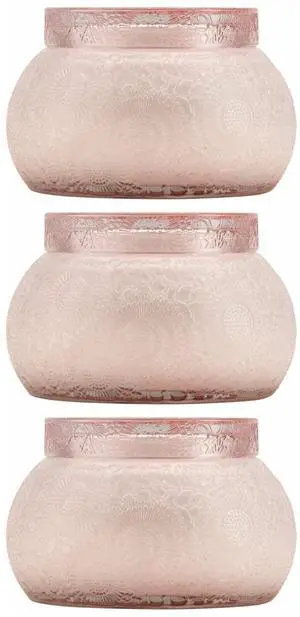 Voluspa Panjore Lychee Embossed Glass Chawan Bowl Candle (14oz, 3-Pack) Bundle (3 Items)