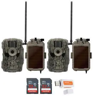 Stealth Cam 36MP Fusion Max Cellular Trail Camera with 80 Feet Detection Range (2-Pack) Bundle with Battery Pack, Solar Panel, and Cable (2-Pack), 32GB Memory Card (2-Pack), and Card Reader (7 Items)