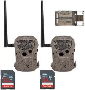 Wildgame Innovations Encounter 20MP Cellular Trail Camera with QR Code Setup (Brown, 2-Pack) Bundle with 32GB Ultra SDHC UHS-I Memory Card (2-Pack) and 4-In-1 USB 2.0 Card Reader (5 Items)