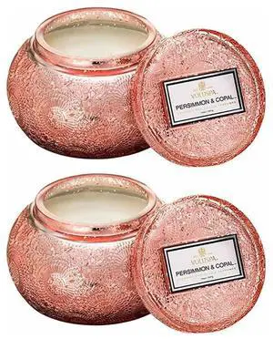 Voluspa Persimmon and Copal Embossed Glass Chawan Bowl Candle (14oz, 2-Pack) Bundle (2 Items)