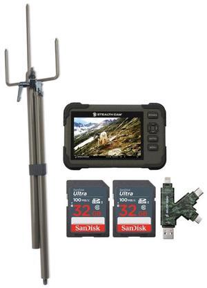 Stealth Cam SD Card Reader and Viewer with 4.3-Inch LCD Touchscreen and Touch Detection Bundle with Stealth Cam Trail Camera Mount Stick, 32GB Memory Card (2-Pack), and Reader and Writer (5 Items)