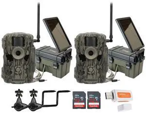 Stealth Cam 36MP Fusion Max Cellular Trail Camera with 80 Feet Detection Range (2-Pack) Bundle with 2x Solar Power Pack, 2x Camera Holder, 2x 32GB Memory Card, and Card Reader (9 Items)