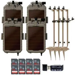 Stealth Cam Adjustable Multi-Pivot Mounting Post (4-Pack) Bundle with Sol-Pak 5000mAh Lithium-Ion Solar Battery (4-Pack), Card Reader, and 32GB Memory Card (8-Pack) (17 Items)