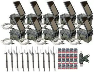 HME Trail Camera 12V with Solar Auxiliary Power Pack (10-Pack) Bundle with Trail Camera Mount Stick (10-Pack), 32GB Ultra SDHC UHS-I Memory Card (20-Pack), and SD USB 2.0 Card Reader (41 Items)