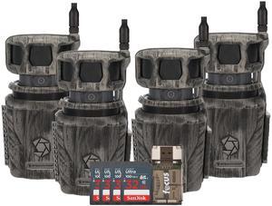 Stealth Cam Revolver 36MP 360 Degree Cellular Trail Camera 4-Pack with Four 32GB Memory Cards and Card Reader (9 Items)