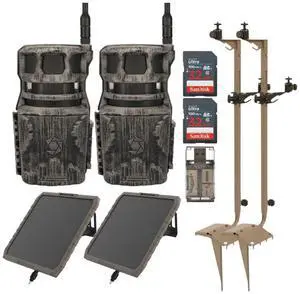 Stealth Cam Revolver 36MP 360-Degree Cellular Trail Camera (2-Pack) Bundle with Solar Battery Pack (2-Pack), Mounting Post (2-Pack), 32GB Memory Card (2-Pack), and SD Card Reader (9 Items)