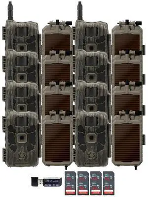 Stealth Cam 40MP Deceptor Max Cellular Trail Camera with 0.4-Second Trigger Speed (2-Pack) x 4 Bundle with Lithium Solar Power Panel (8-Pack), Card Reader, and 32GB Memory Card (8-Pack) (21 Items)