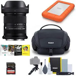 Sigma F2.8 DC DN Canon RF Mount Contemporary Lens Bundle with 1TB USB 3.0 Portable Hard Drive, Camera System Gadget Bag, Bundle of 4 Softwares, and 64GB UHS-I Memory Card (5 Items)
