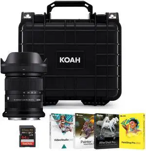 Sigma F2.8 DC DN Canon RF Mount Contemporary Lens Bundle with Weatherproof Hard Case, Bundle of 4 Softwares, and 64GB Extreme Pro SDXC UHS-I Memory Card (4 Items)