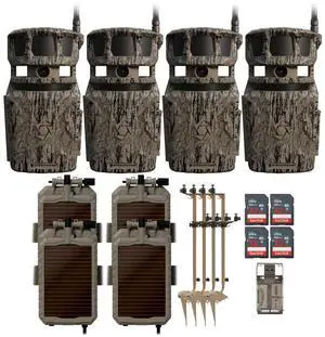 Stealth Cam Revolver 40MP Pro 360-Degree Cellular Trail Camera (4-Pack) Bundle with Mounting Post (4-Pack), Solar Power Panel (4-Pack), 32GB Memory Card (4-Pack), and SD Card Reader (17 Items)