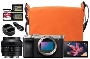 Sony Alpha 7C II Full-Frame Interchangeable Lens Hybrid Camera Body (Silver) Bundle with 50mm G Lens, Two Pack Battery and Dual Charger, 64GB U3 V90 SD Card, and DSLR Camera Bag (Amber) (5 Items)