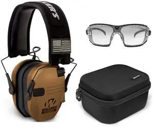 Walker's Razor Slim Electronic Muff (Battle Brown) Bundle with Hearing Protection and Safety Glasses Case, and Ballistic Protection Glasses (Clear) (3 items)